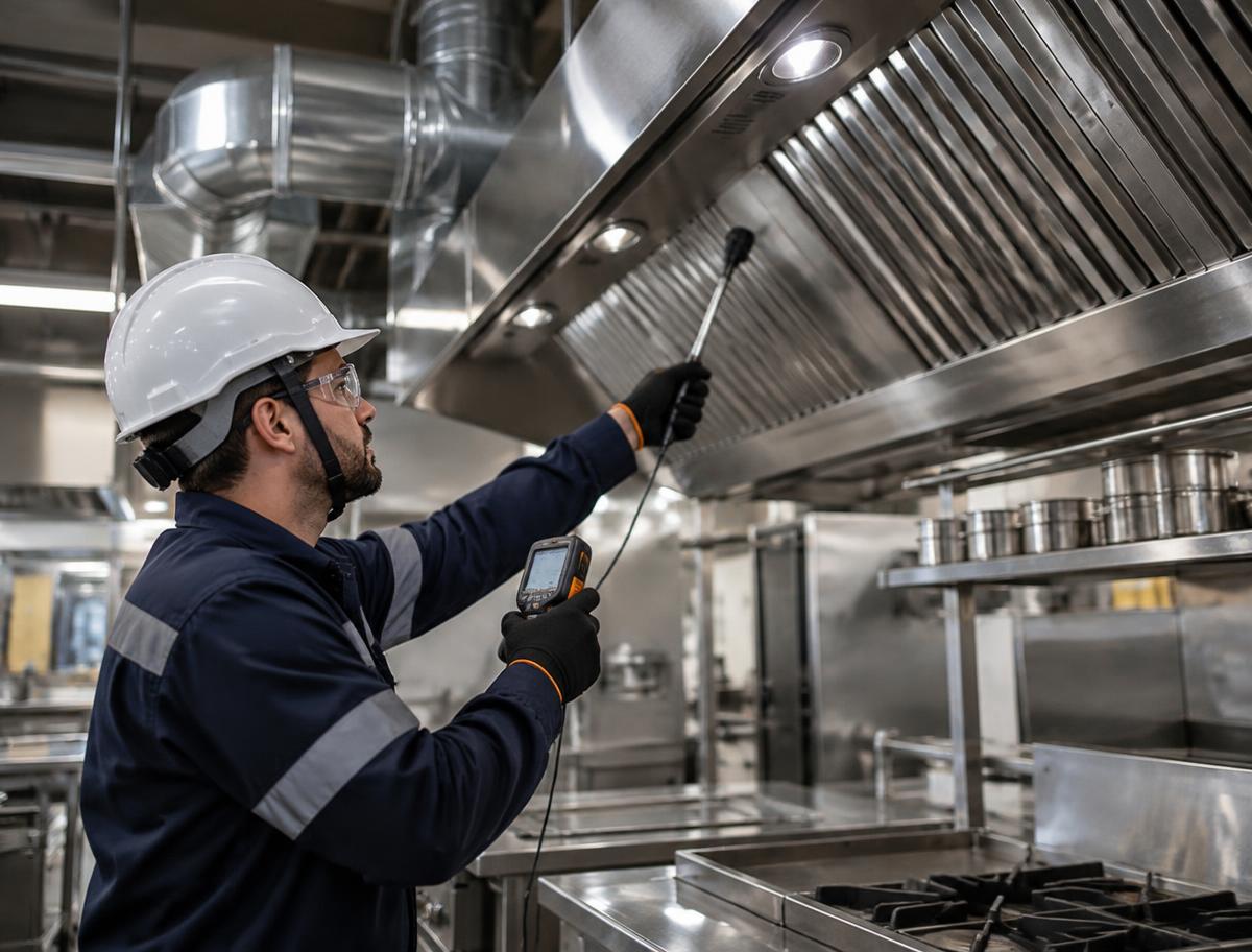 Técnico realizando medição em uma coifa industrial